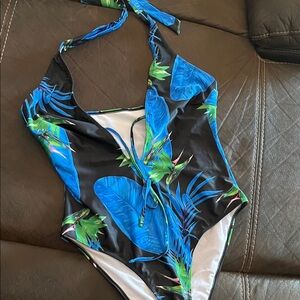 SHEIN Black and Blue Tropical One Piece Swimsuit